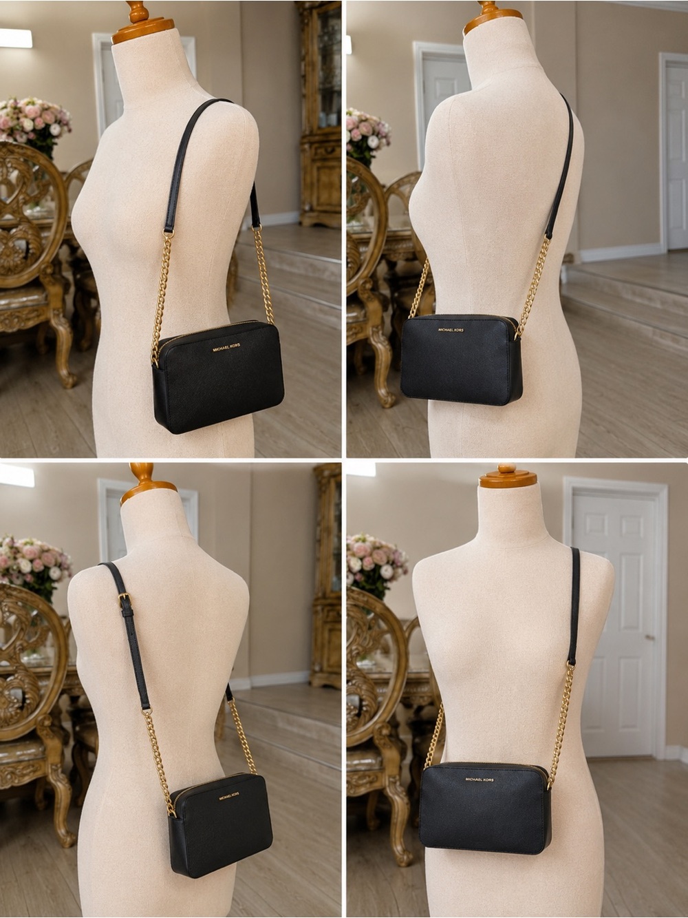 Michael Kors Jet Set Black Leather Crossbody Bag with Gold Chain Strap